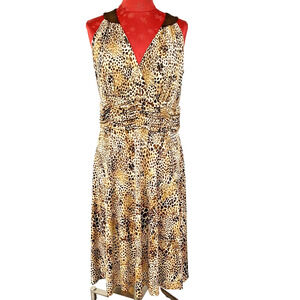 Dressbarn Size 12 Cocktail Dress Brown Black Animal Print Midi Sleeveless Dressy